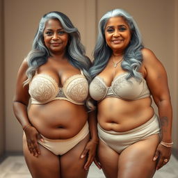 Two striking dusky Indian women, both aged 60 and embodying elegance, stand confidently side by side in a full front view