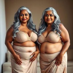Two striking dusky Indian women, both aged 60 and embodying elegance, stand confidently side by side in a full front view