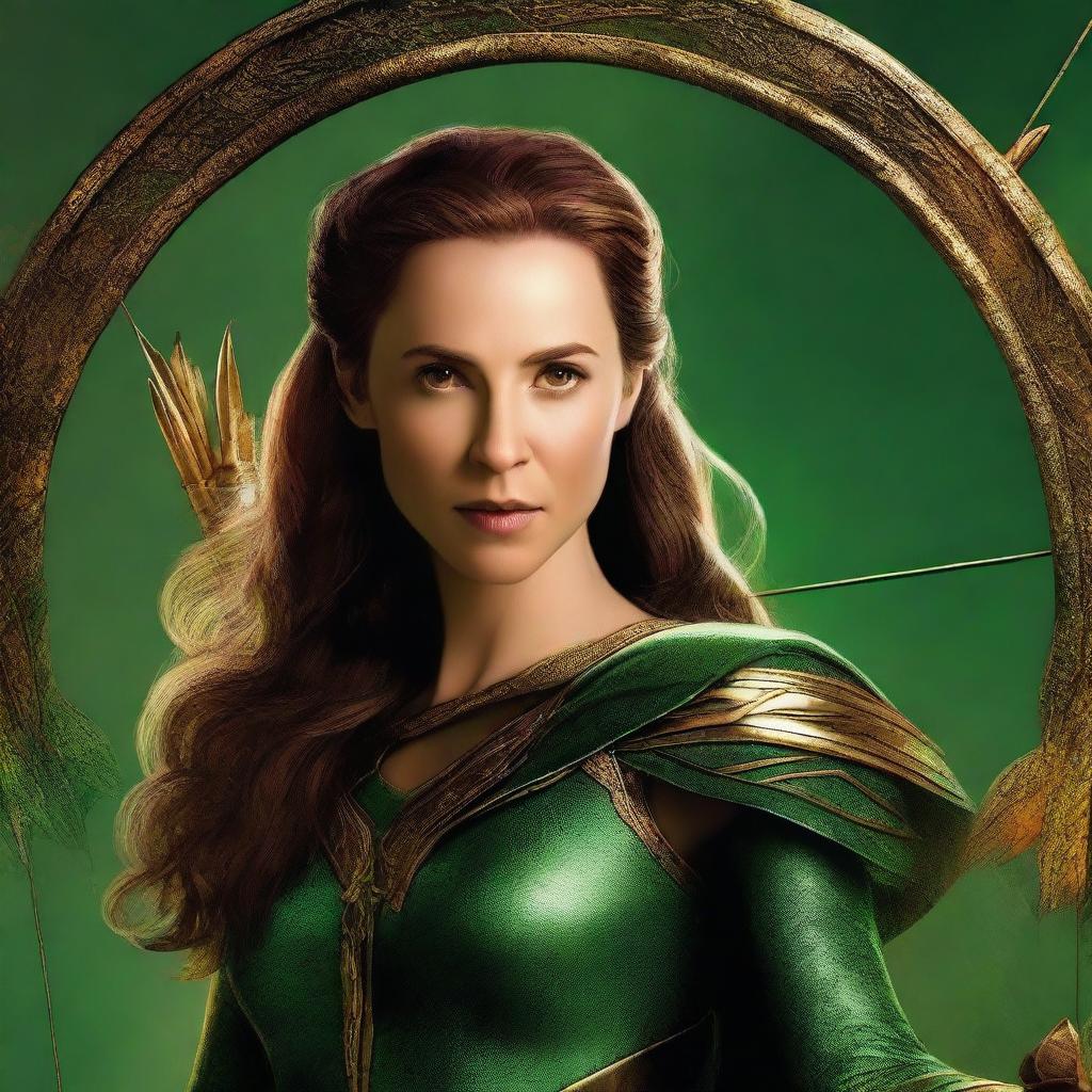 This digital art image showcases a breathtakingly beautiful brown-haired goddess of archery alongside Loki, the god of mischief from the Marvel Cinematic Universe (MCU)