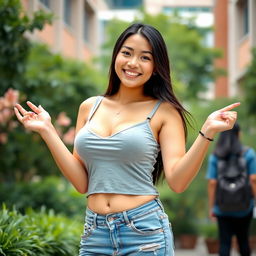 A beautiful 26-year-old Filipina university student with large breasts, exuding a relaxed and playfully flirty demeanor