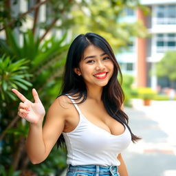 A beautiful 26-year-old Filipina university student with large breasts, exuding a relaxed and playfully flirty demeanor