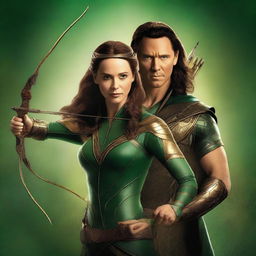 This digital art image showcases a breathtakingly beautiful brown-haired goddess of archery alongside Loki, the god of mischief from the Marvel Cinematic Universe (MCU)