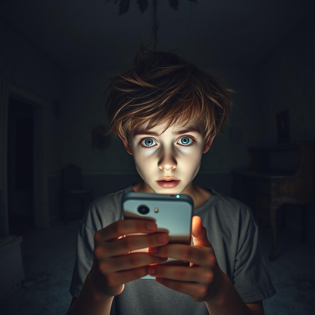 In an abandoned old house, a teenage boy with tousled brown hair and wide eyes is holding his smartphone, which illuminates the dark, dusty surroundings