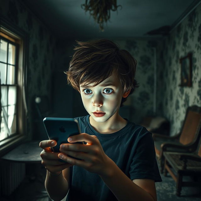 In an abandoned old house, a teenage boy with tousled brown hair and wide eyes is holding his smartphone, which illuminates the dark, dusty surroundings