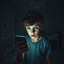 In an abandoned old house, a teenage boy with tousled brown hair and wide eyes is holding his smartphone, which illuminates the dark, dusty surroundings