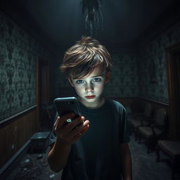 In an abandoned old house, a teenage boy with tousled brown hair and wide eyes is holding his smartphone, which illuminates the dark, dusty surroundings