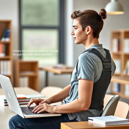 A stylish and modern posture corrector designed for university students, featuring a sleek, ergonomic design that emphasizes comfort and support