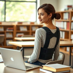 A stylish and modern posture corrector designed for university students, featuring a sleek, ergonomic design that emphasizes comfort and support