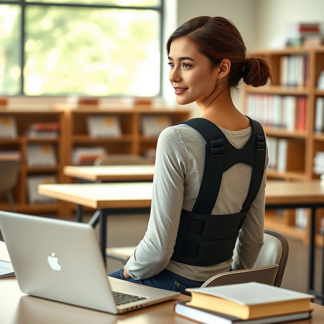 A stylish and modern posture corrector designed for university students, featuring a sleek, ergonomic design that emphasizes comfort and support