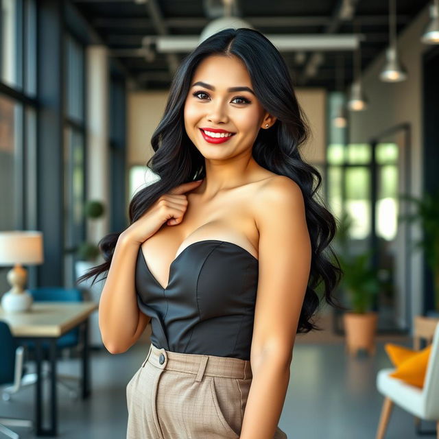 A stunning 26-year-old Filipina businesswoman with large breasts, sporting a relaxed and flirty aura