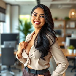 A stunning 26-year-old Filipina businesswoman with large breasts, sporting a relaxed and flirty aura