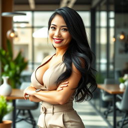 A stunning 26-year-old Filipina businesswoman with large breasts, sporting a relaxed and flirty aura