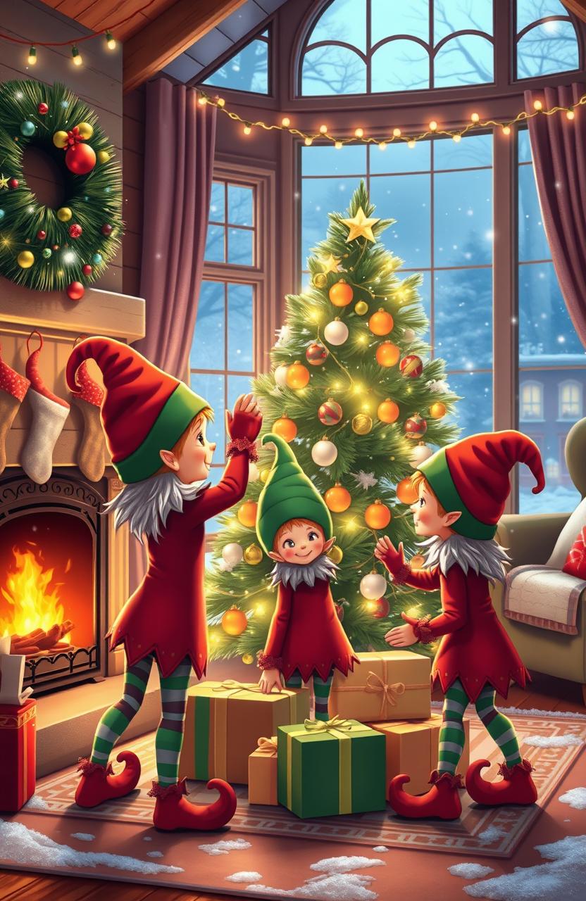 Three cheerful little elves decorating a cozy house for the holidays