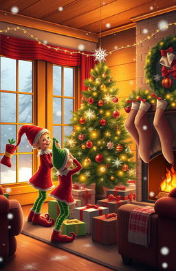 Three cheerful little elves decorating a cozy house for the holidays