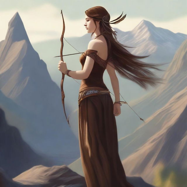 This digital art image portrays a breathtakingly beautiful brown-haired goddess of archery standing at the top of a mountain