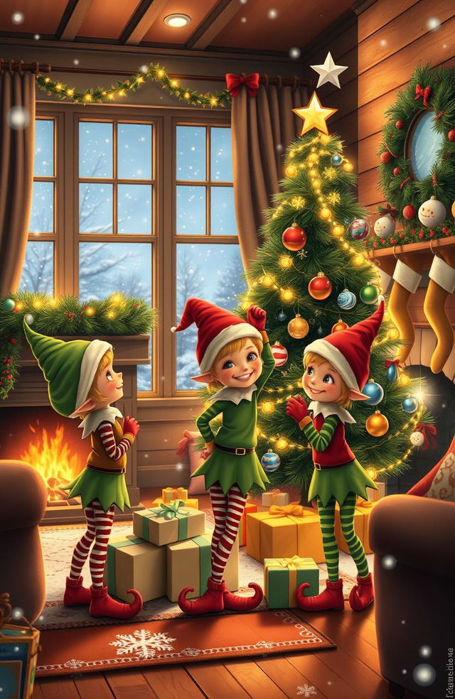 Three cheerful little elves decorating a cozy house for the holidays