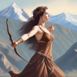 This digital art image portrays a breathtakingly beautiful brown-haired goddess of archery standing at the top of a mountain