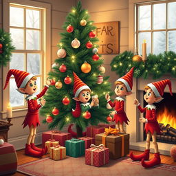 Three adorable little elves joyfully decorating a charming house for the holiday season