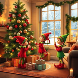 Three adorable little elves joyfully decorating a charming house for the holiday season
