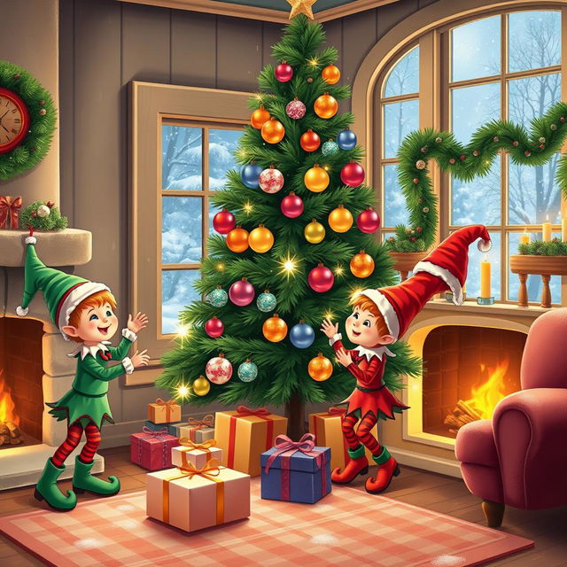 Three adorable little elves joyfully decorating a charming house for the holiday season