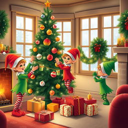 Three adorable little elves joyfully decorating a charming house for the holiday season