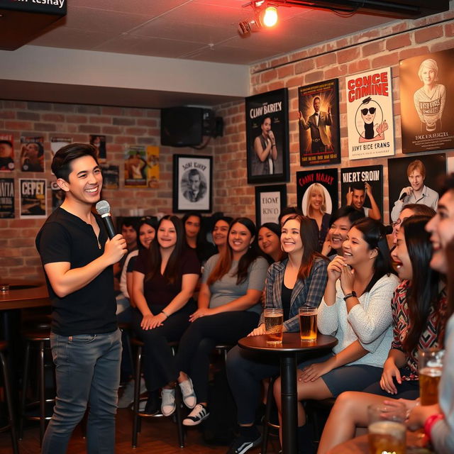 A lively scene of a stand-up comedian performing at an open mic night