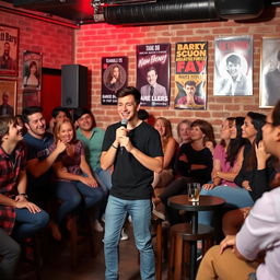 A lively scene of a stand-up comedian performing at an open mic night