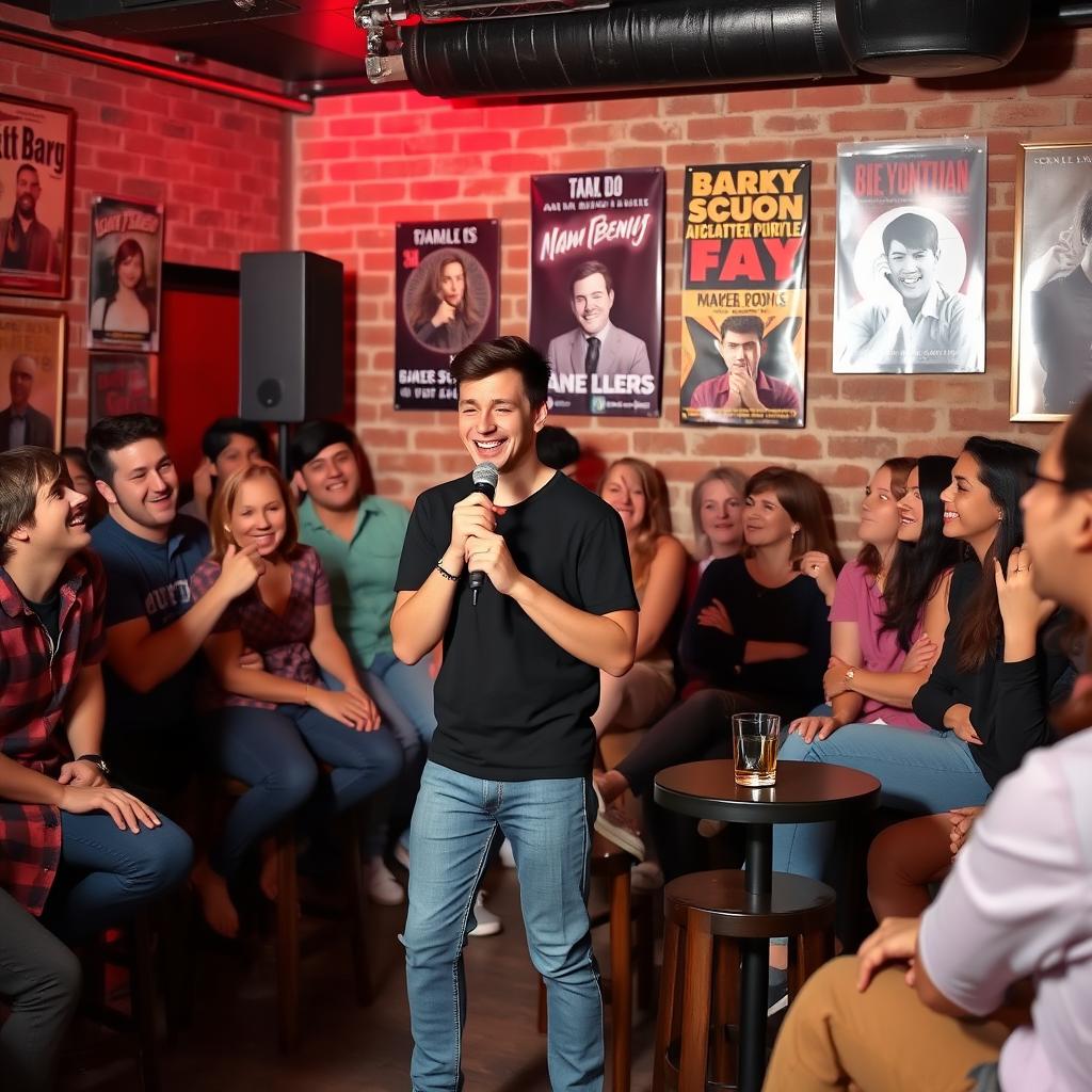 A lively scene of a stand-up comedian performing at an open mic night