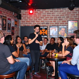 A lively scene of a stand-up comedian performing at an open mic night