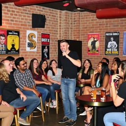 A lively scene of a stand-up comedian performing at an open mic night