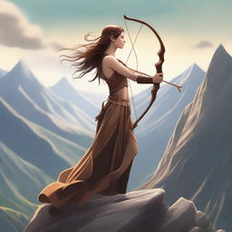 This digital art image portrays a breathtakingly beautiful brown-haired goddess of archery standing at the top of a mountain