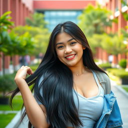 A beautiful 26-year-old Filipina university student with large breasts, exhibiting a relaxed and playfully flirty attitude