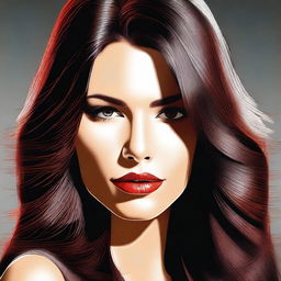 A high-quality digital art image depicts a full-bodied, sexy brunette woman with medium lips and long, straight hair