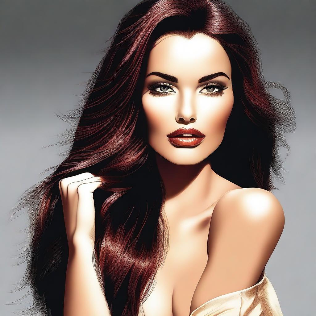 A high-quality digital art image depicts a full-bodied, sexy brunette woman with medium lips and long, straight hair