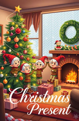 Three cheerful little elves joyfully decorating a cozy living room for Christmas