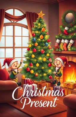 Three cheerful little elves joyfully decorating a cozy living room for Christmas