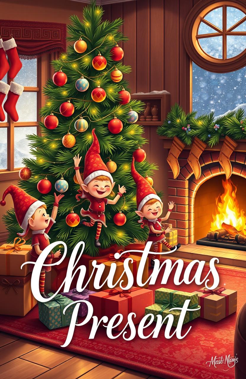 Three cheerful little elves joyfully decorating a cozy living room for Christmas