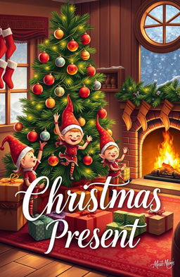 Three cheerful little elves joyfully decorating a cozy living room for Christmas
