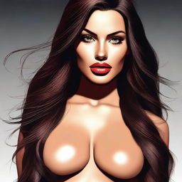 A high-quality digital art image depicts a full-bodied, sexy brunette woman with medium lips and long, straight hair