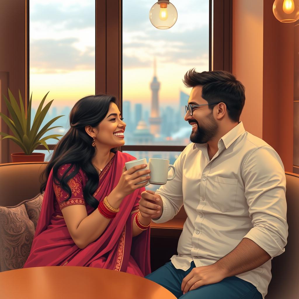 A charming and romantic scene depicting an Indian girl and her white husband sharing a loving moment