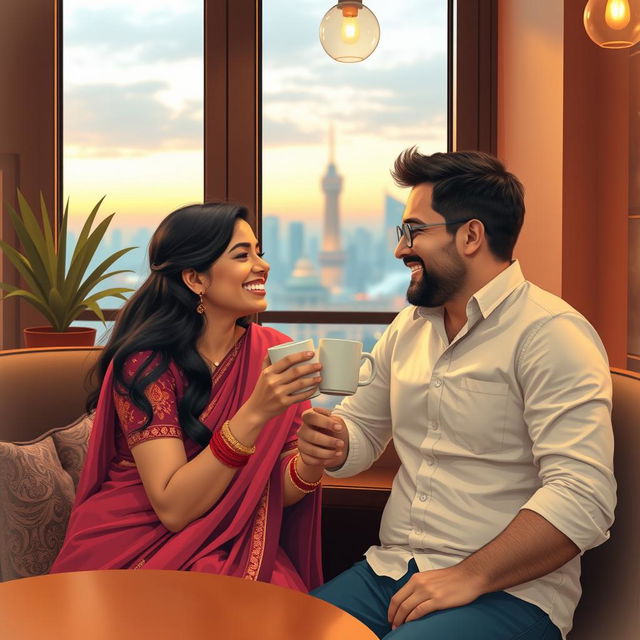 A charming and romantic scene depicting an Indian girl and her white husband sharing a loving moment