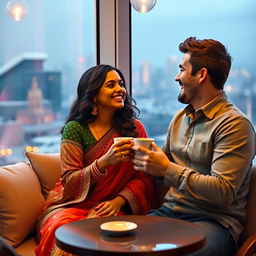 A charming and romantic scene depicting an Indian girl and her white husband sharing a loving moment