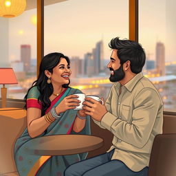A charming and romantic scene depicting an Indian girl and her white husband sharing a loving moment