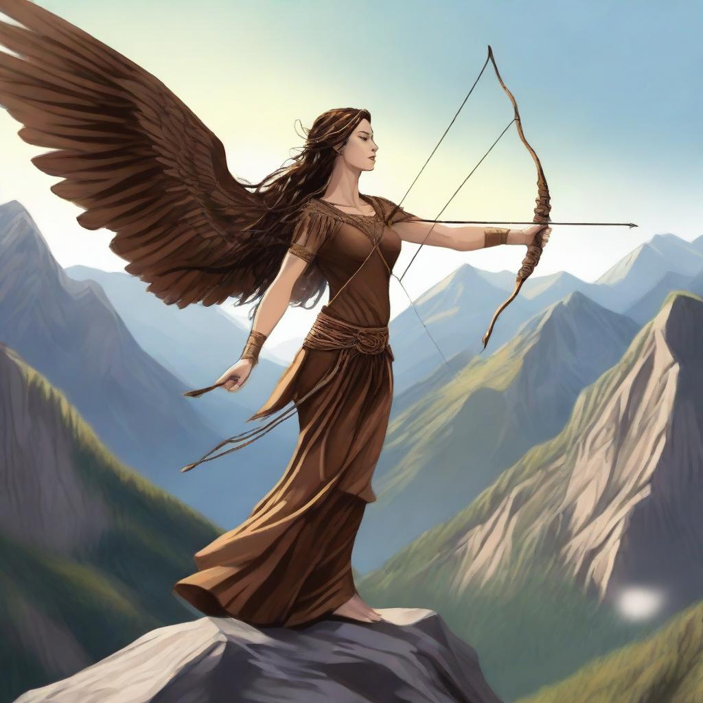 This digital art image showcases a breathtakingly beautiful brown-haired goddess of archery with wings, standing at the peak of a mountain