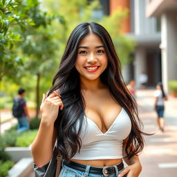 A beautiful 26-year-old Filipina university student with large breasts, radiating a relaxed and flirtatious vibe
