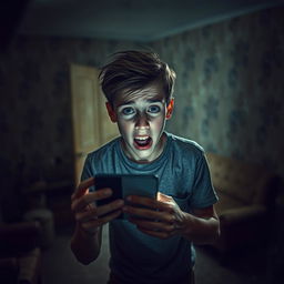In an abandoned room, a terrified teenage boy around 17 years old uses the light from his smartphone, his wide eyes reflecting fear and shock