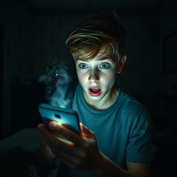 In an abandoned room, a terrified teenage boy around 17 years old uses the light from his smartphone, his wide eyes reflecting fear and shock