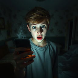 In an abandoned room, a terrified teenage boy around 17 years old uses the light from his smartphone, his wide eyes reflecting fear and shock