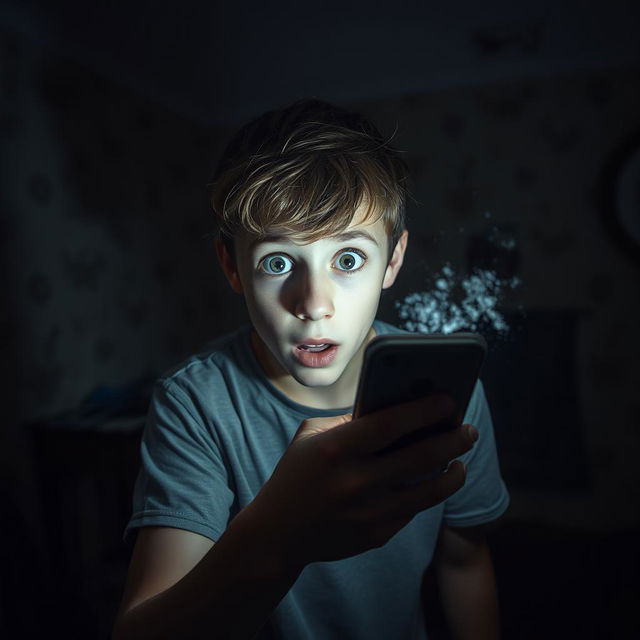 In an abandoned room, a terrified teenage boy around 17 years old uses the light from his smartphone, his wide eyes reflecting fear and shock