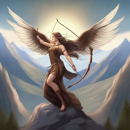 This digital art image showcases a breathtakingly beautiful brown-haired goddess of archery with wings, standing at the peak of a mountain